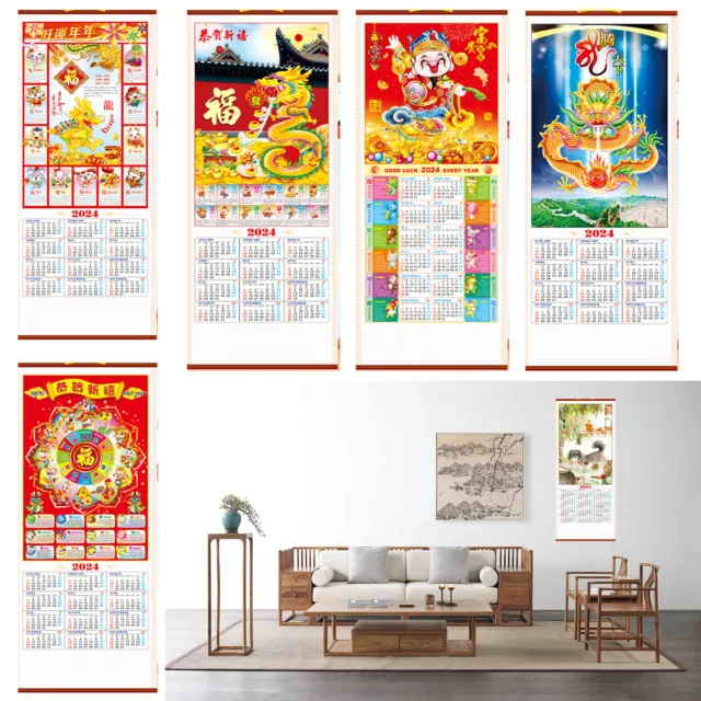 2024 CHINESE CHINA Wall Hanging Scroll Dragon Calendar with Pictures of