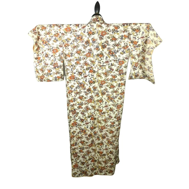 Vintage Japanese Cream Purple Floral Long Kimono Sz M Open Front