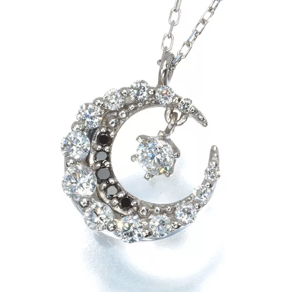 Black&Clear Diamond 0.44ct Moon Necklace 18K 750 White Gold