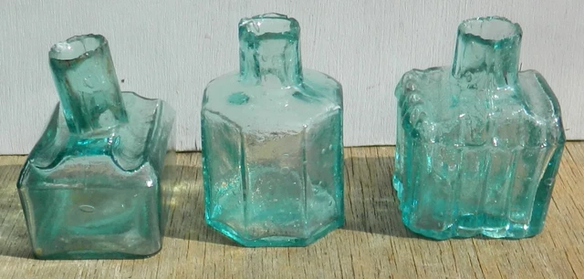 three glass ink bottles boat ribbed octagonal shear lip 