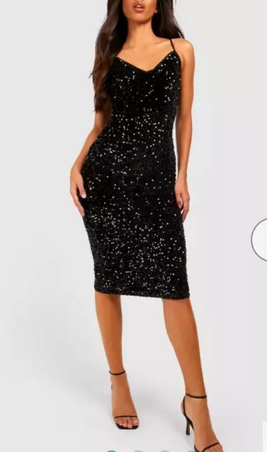 Boohoo Tall Velvet Sequin Strappy Bodycon Midi Dress Size 12