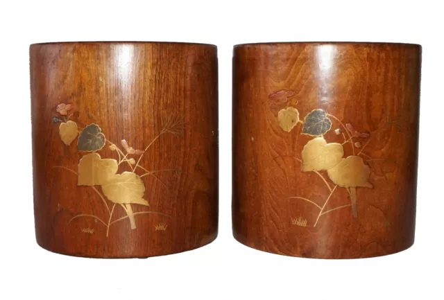 Pair 20C Japanese Wooden Hibachi w. Copper liners Makie Lacquer Design (Cwo)