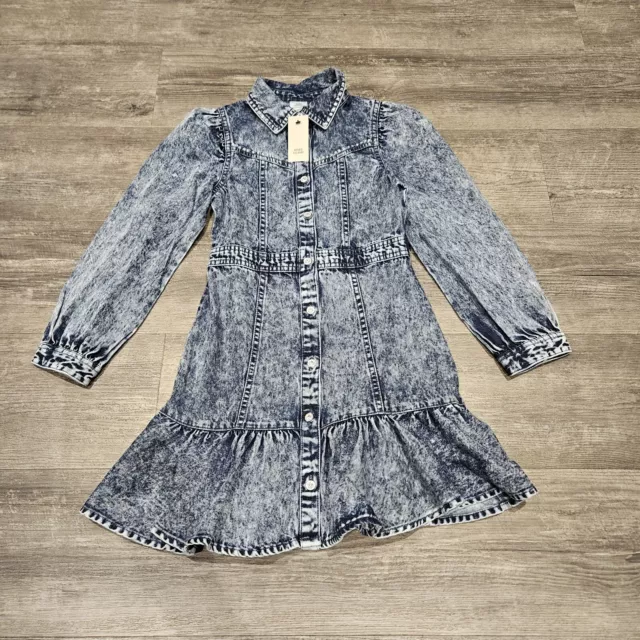 River Island Girls Blue Denim Gemstone Collared Long Sleeve Dress Age 9 NWT