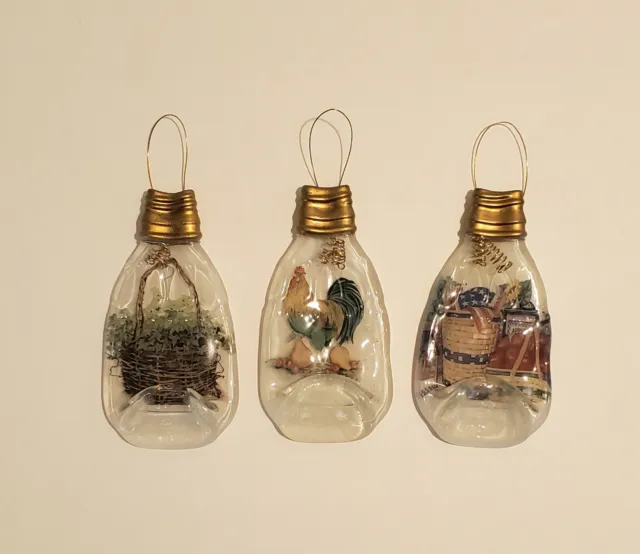 Melted Flattened Mini Bottles Set of 3 Country Scenes Decoration Wire Hangers