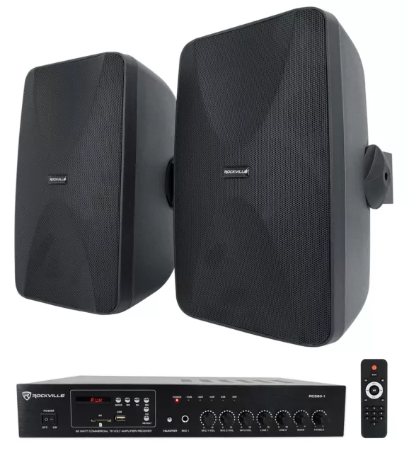 Rockville Commercial/Restaurant Bluetooth Amplifier+(2) Black 6.5" Wall Speakers