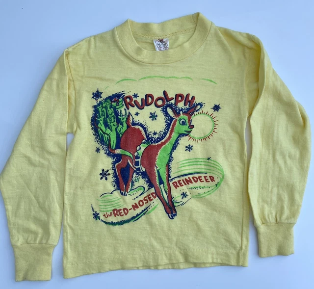 1950s Vintage Childrens Graphic Tee Shirt Rudolph The Red Nosed Reindeer LS