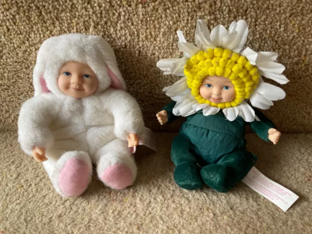 Vintage Anne Geddes 5" Baby Beanie White Bunny Rabbit & Daisy Flower Dolls