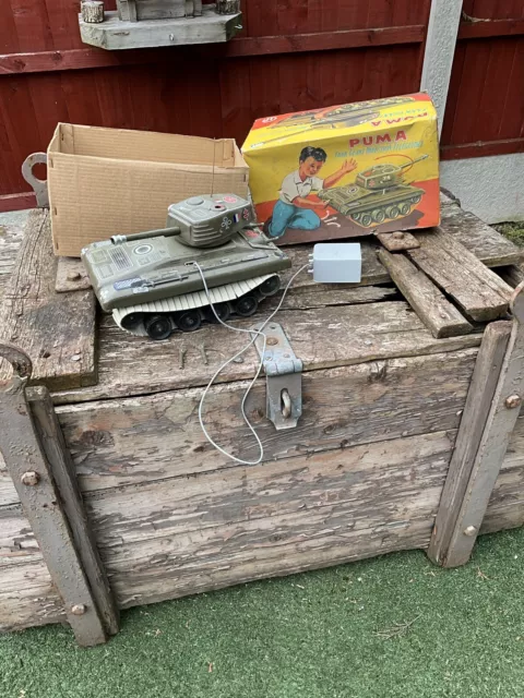 Puma Battery Operated French Military Ww2 Tinplate Tank With Original Box 1950s