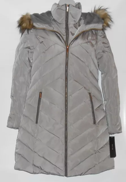 Jones New York Faux Fur Trim Hooded Down Puffer Coat Warm Gray Small (S) NWT JNY