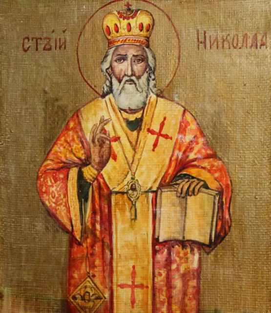Icono Ortodoxo De Colección Santo Nicholas Pintado A Mano Al Óleo