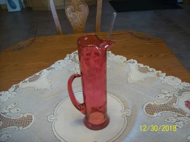 Cranberry Tall Coin Dotted Pattern Martini Handled Pitcher With Glass Stir Stick