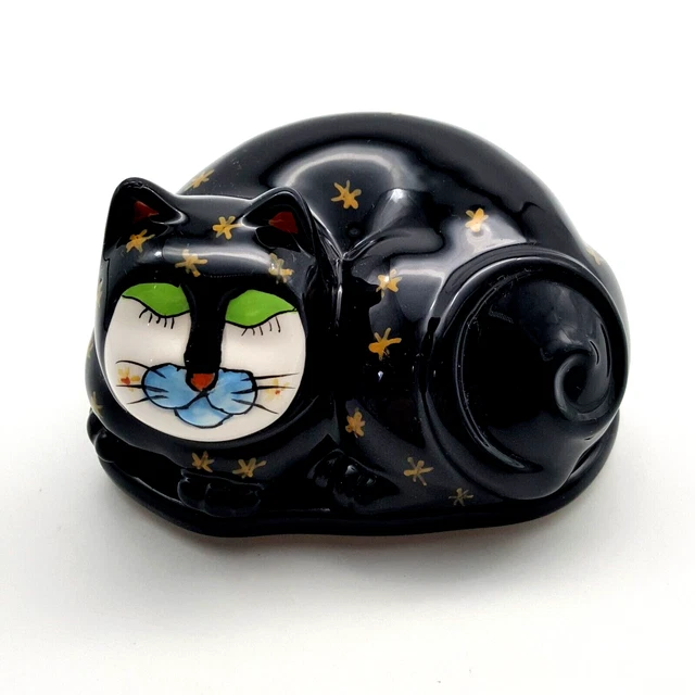 Black Cat Sleeping Trinket Box Figural Hand Painted Ceramic Milson and Louis