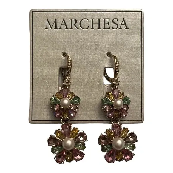 Marchesa Imitation Pearl & Crystal Cluster Double Drop Earrings Gold Tone New
