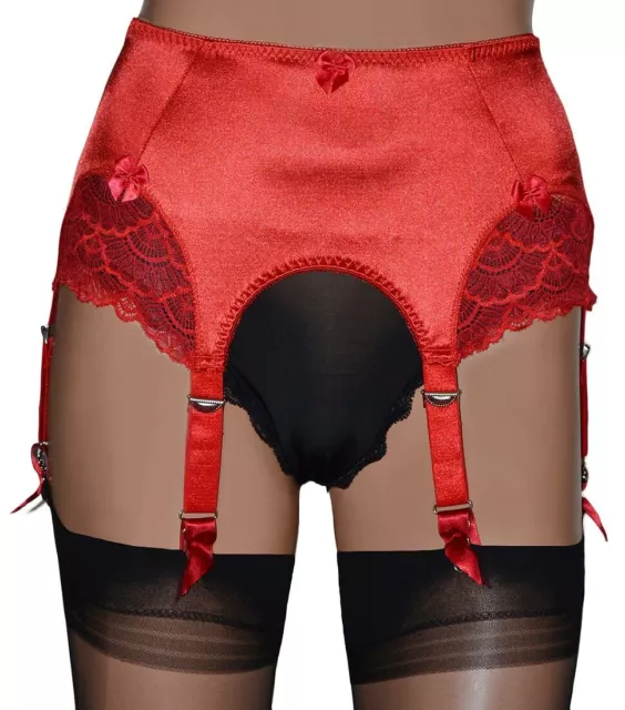 6 Strap Suspender Belt in Red Satin in Deep Vintage Style with Metal Clips