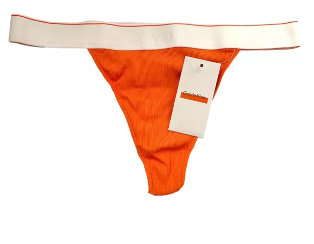 Calvin Klein Nwt Orange Ribbed Tonal Logo Band Cotton Blend Thong Panty