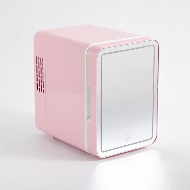 Pink 8L Mini Fridge with LED Mirror Table Top Cooler For Bedroom Skincare Car