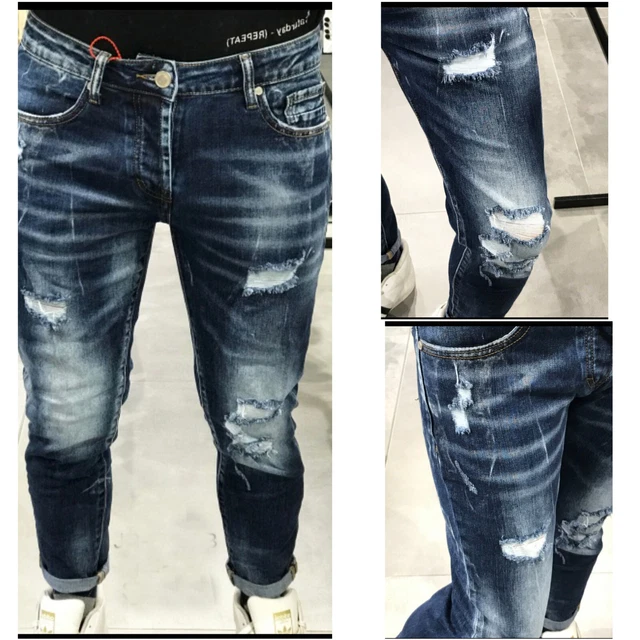 Jeans uomo strappati slim Fit Blu Denim Strappi elastico Moda Design cotone new