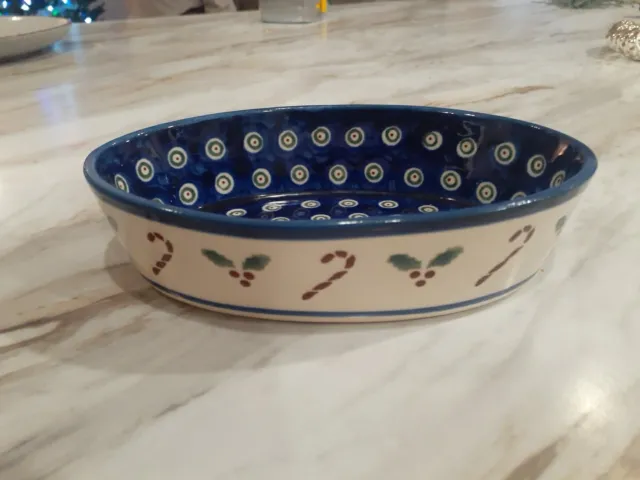 Polish Pottery Ramekin Bowl Boleslawiec Pottery Dots Candy Cane Holly Oval 6.25"