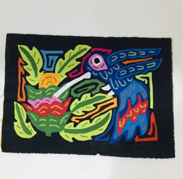 Vintage MOLA Bird Textile Art Brightly Colored Black Green Toucan 12x8 Panama