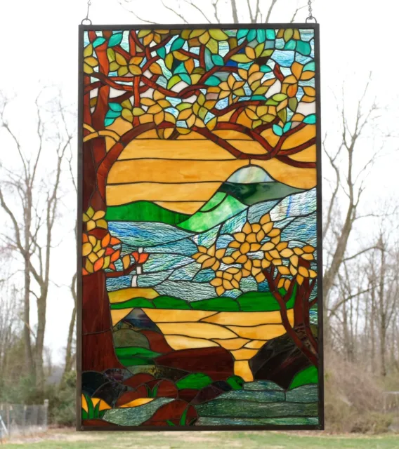Tiffany Style stained glass window panel Dawn in Valley. 20.5" x 34.5"