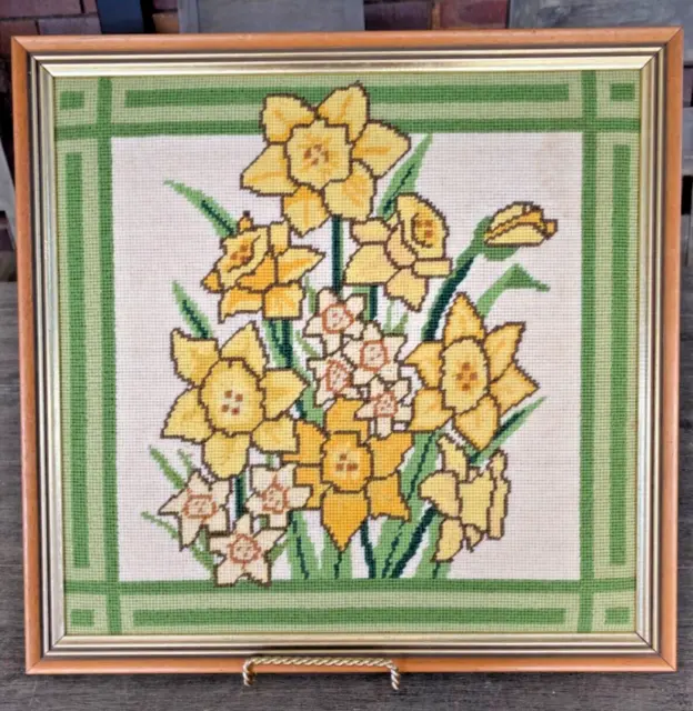Vintage Floral Tapestry Needlepoint Framed Picture "Daffodils" 41cm x 41cm
