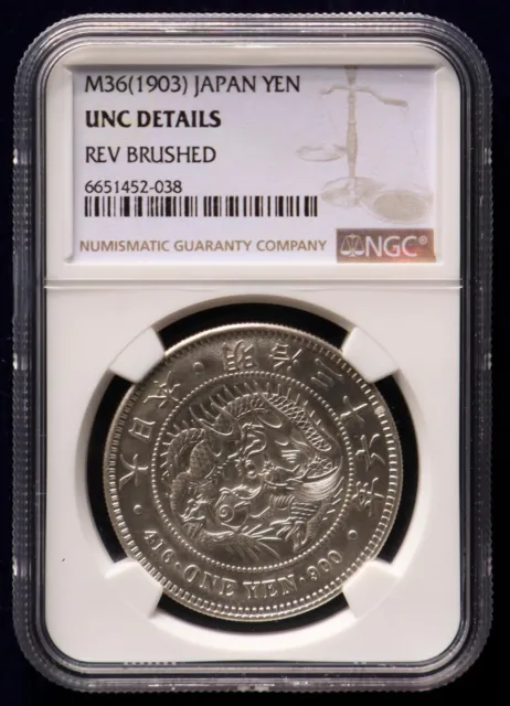 Japan, M36 (1903), 1 Yen Meiji year 36 NGC UNC Details Dragon / Silver