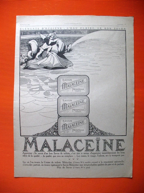 PUBLICITE DE PRESSE MALACEINE SAVON CREME DE BEAUTé FONTAINE FRENCH AD 1922