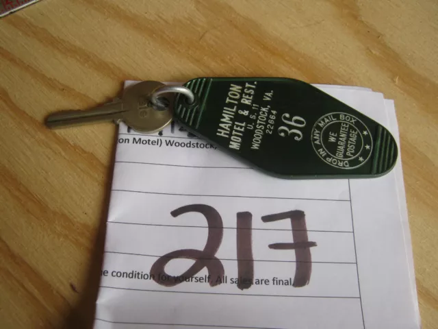 Vintage Original Hotel Room Key #36 Hamilton Motel & Restaurant Woodstock VA