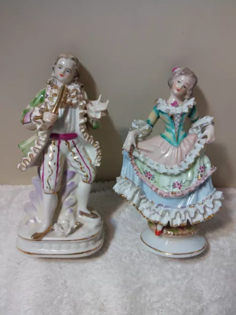 ANTIQUE Japan? Dresden Style Porcelain Figurine Pr Hd/Ptd Beauties Cr Sword Mark