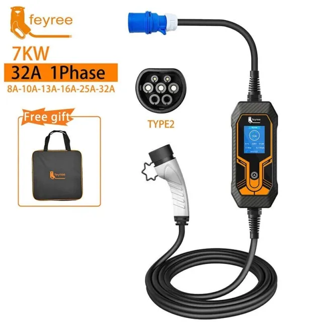 Chargeur EV Portable Voiture Électrique Type 2 Câble 5m 32A 7kW 230V