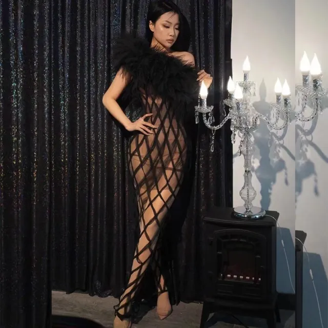 Women Sexy Black Transparent Mesh Single Shoulder Long Dress Dancer Show Costume