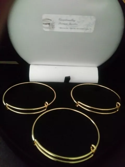 14K & Sts*  Yellow Gold Charm Bangle Bracelet Set Of 3 Sz 9 Inch  + Bonus Adj.