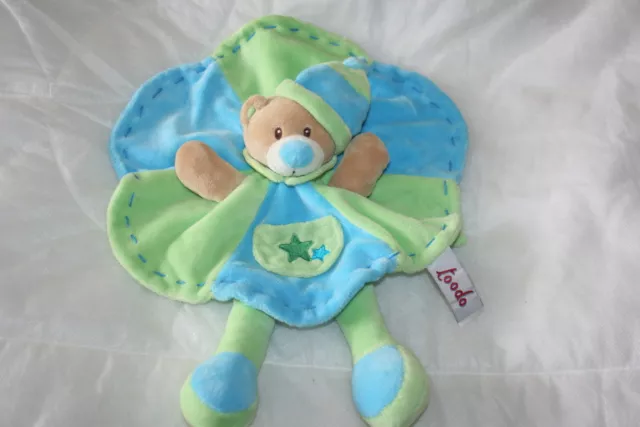 Toodo Doudou Ours Plat Bonnet Lutin Vert Bleu Etat Neuf
