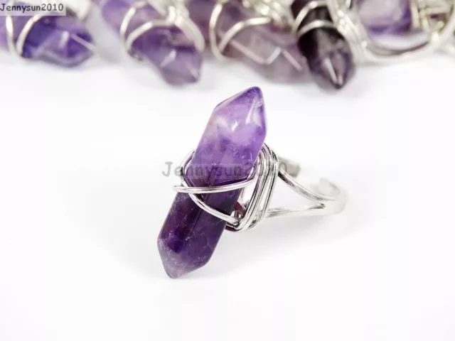 Natural Gemstones Hexagonal Pointed Reiki Chakra Charms Adjustable Ring Silver