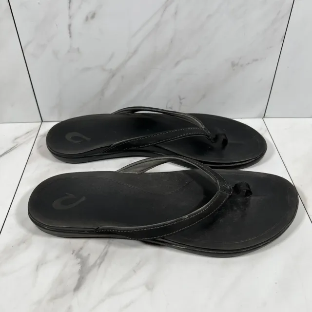 OLUKAI Ho'opio Women Size 9 - Black Leather Open Toe Flip Flop Thong Sandal Shoe
