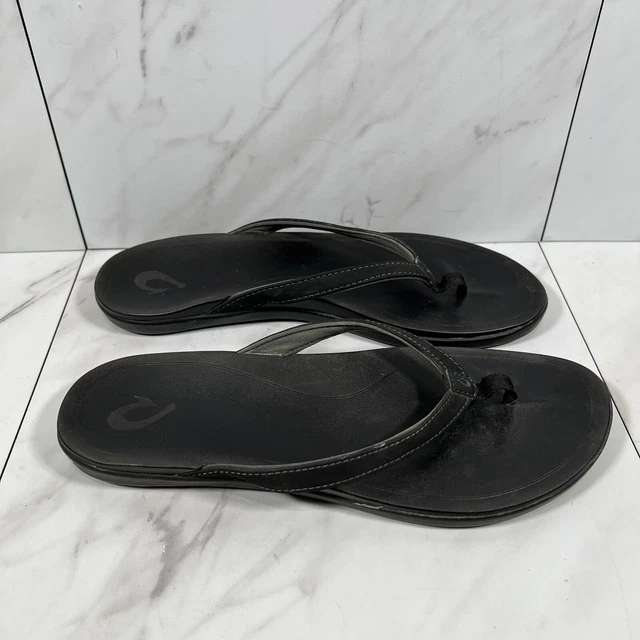 OLUKAI Ho'opio Women Size 9 - Black Leather Open Toe Flip Flop Thong Sandal Shoe