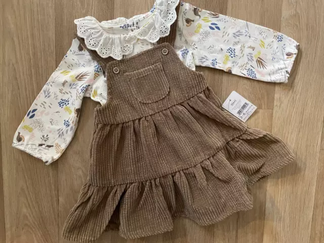 Baby Girl 3-6 months Nutmeg Brown Corduroy Pinafore Dress Set with Long Sleeve