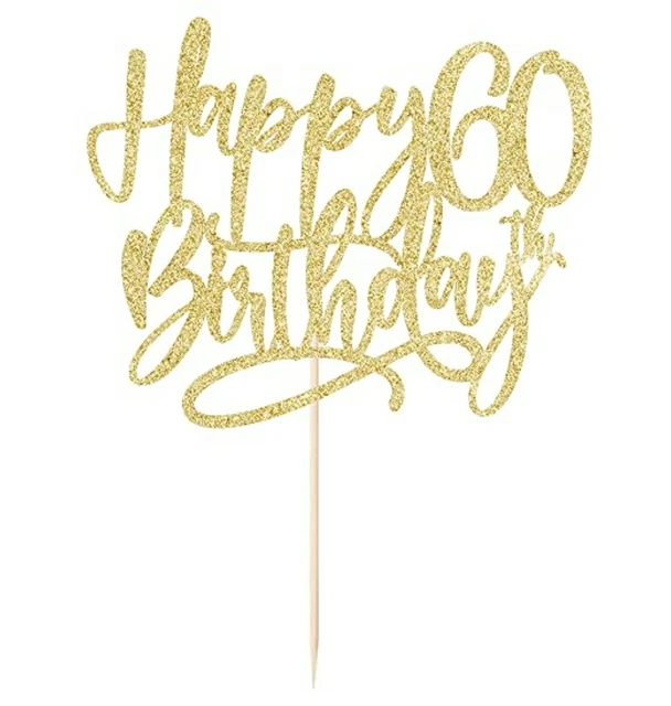 1 Pack Happy 60th Birthday Cake Topper Glitter Heart Star 60 Fabulous Cake Pick Birthday Sign Cake Decorations For Children 60th Birthday Theme Party Supplies Gold