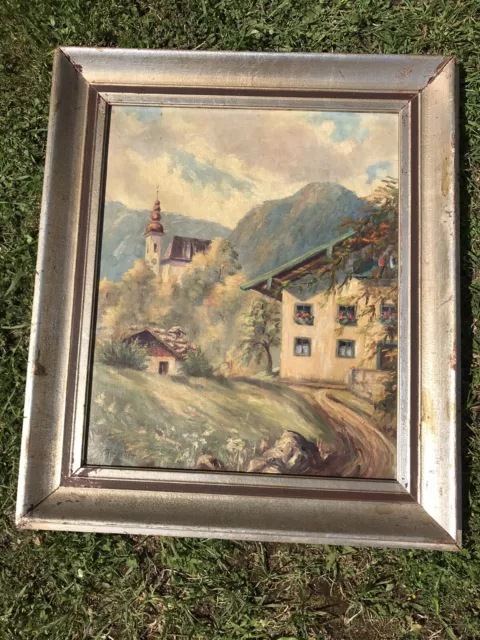 altes Ölgemälde Signiert Malerei Bergpanorama mit Bauernhaus Kirche Leinwand