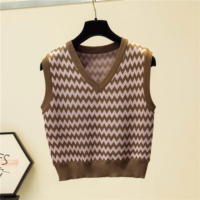 Femme Rayé Col V sans Manche Pull Gilet Débardeur