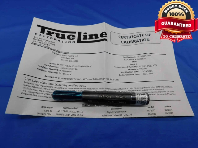 Certified 3/8 24 Unf 2A Left Hand Set Thread Plug Gage .375 Go Only Pd = .3468