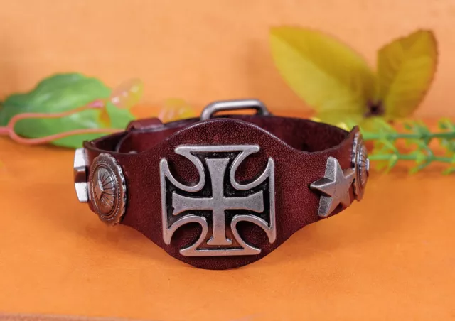 Men's Retro Punk Rock Wide Leather Strap Bracelet Adjustable Cross Cuff Bangle