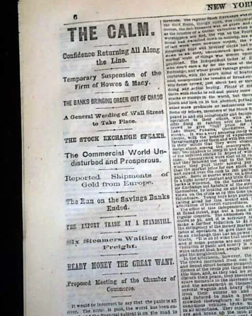 PANIC OF 1873 Wall Street Stock Market Financial Crisis 1873 Old NYC Newspaper