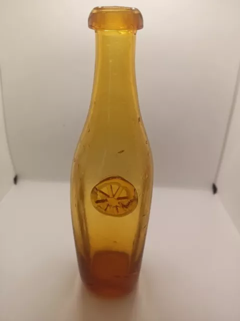 Antique 11.5" Blown Glass Bottle Amber Wagon Wheel On The Front Smooth Pontil