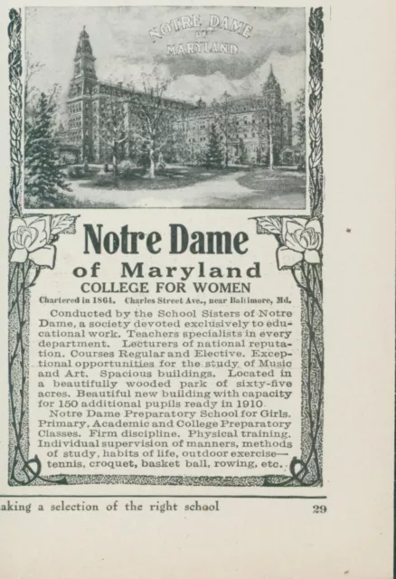 1910 Notre Dame Of Maryland College For Women Baltimore MD Vintage Print Ad CO2