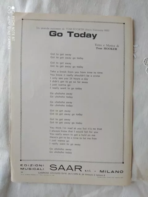 Tom Hooker "Go Today" - Spartito Vntage (1981) - Edizioni Saar  3