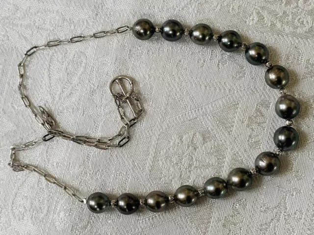 Stunning near round 9-10mm Natural Tahitian pearl necklace Sterling silver 20.5”