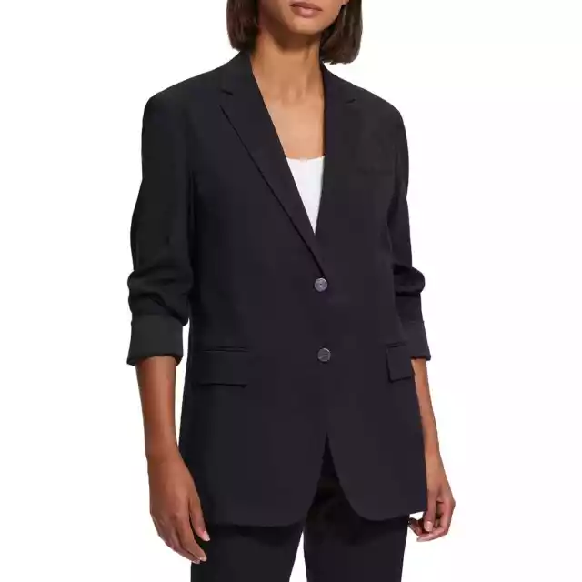 Revolve Theory Rolled Sleeve Boyfriend Blazer Jacket Button Linen Black Size 2