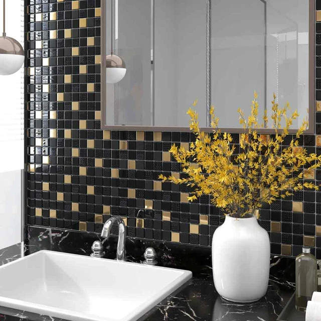 Mosaikfliesen 11 Stck. Schwarz und Gold 30x30 cm Glas