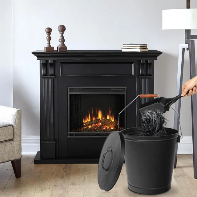 Sturdy Metal Fireplace Ash Bucket With Shovel Lid Cover Fire Pits Stove Black